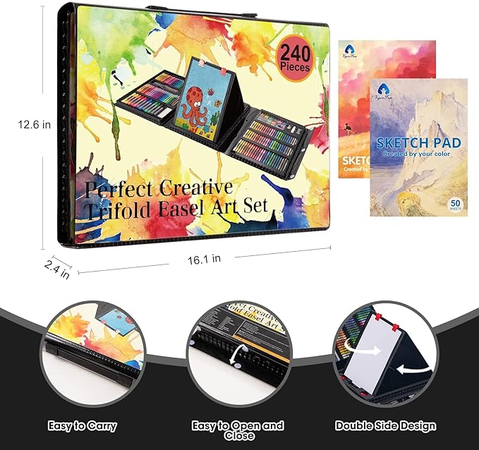 VigorFun Art Supplies, 240-Piece Art Set Crafts Drawing Kits with Double Sided Trifold Easel, Sketch Pads, Crayons, Colored Pencils, Gifts for Kids Girls Boys Teen Ages 4-6-8-9-12 (Black)