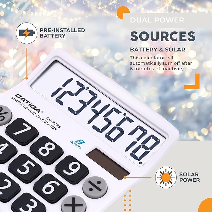 CATIGA Desktop Calculator 8 Digit with Solar Power and Easy to Read LCD Display, Big Buttons, for Home, Office, School, Class and Business, 4 Function Small Basic Calculators for Desk, CD-8185