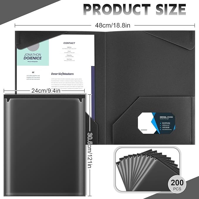 Henoyso 200 Pcs Plastic Folders with Clear Front Pockets Bulk Heavy Duty File Folders with 2 Pockets and Card Slot for Student Teacher Back to School Supplies Office Presentation (Black)
