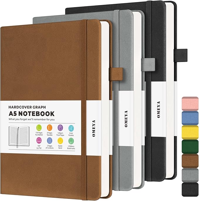 Graph Paper Notebook 3 Pack, A5 Grid Notebook Journal, Graph Notebook with 120gsm Paper, Hardcover Leather Journal for Writing, Grid Paper Notebook for Work, School Supplies, Engineering,5.75" x 8.38"