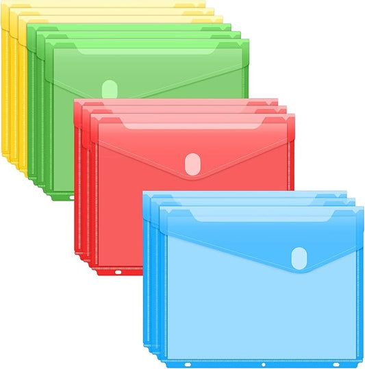 Sooez 12 Pack Binder Folders Organizer with Space-Saving Closure, Super Heavyweight Binder Pockets for 3 Ring Binder, High Capacity Binder Pouch, Side Loading, School Supplies, Letter Size, 4 Colors