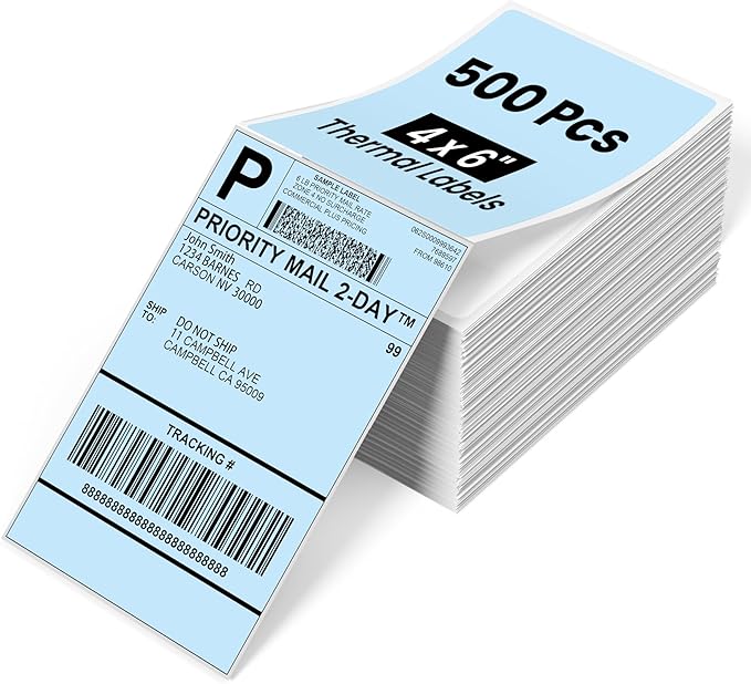 Phomemo 4x6 Thermal Labels for Shipping Label Printer - 500PCS Blue Mailing Labels - 4x6 Direct Thermal Label Fanfold Compatible with Rollo,MUNBYN,JADENS,POLONO,Nelko - Water/Oilproof - NO BPA/BPS