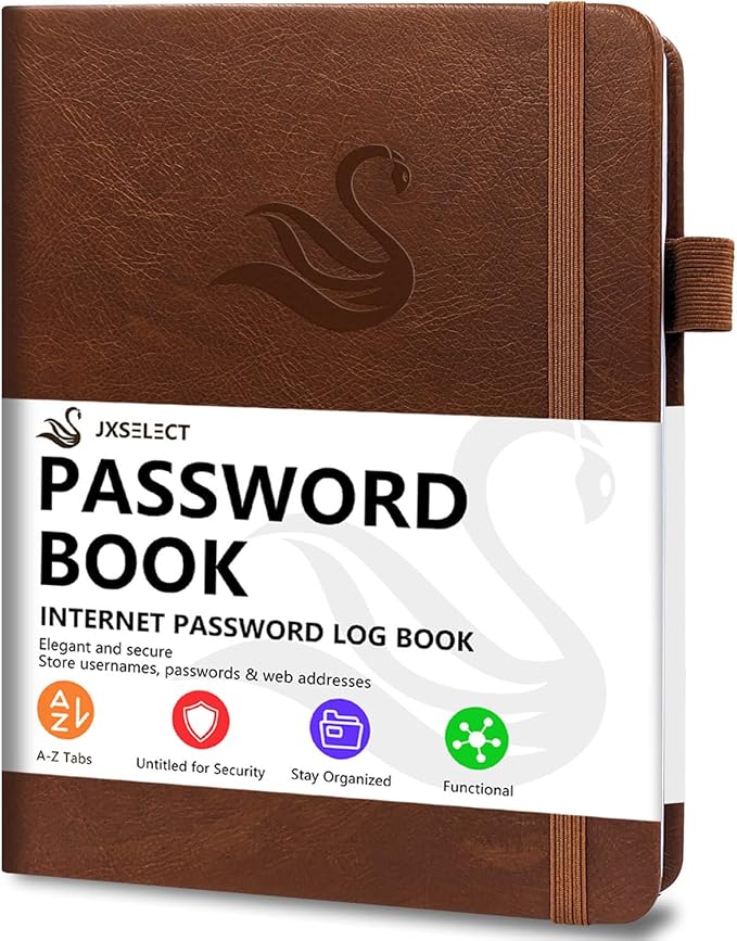 Elegant Password Book with Alphabetical Tabs - Hardcover Password Book for Internet Website Address Login - 7" x 10" Password Keeper and Organizer w/Notes Section & Back Pocket(Brown)