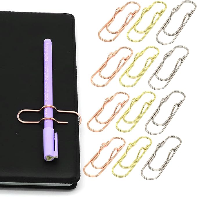 Metal Pen Clips in Gold/Silver/Rose Gold - Pack of 12 Paperclip Pen Holders for Notebooks and Papers, Metal Pen Clip Holder and Pen Holder Clip Included