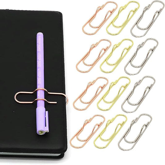 Metal Pen Clips in Gold/Silver/Rose Gold - Pack of 12 Paperclip Pen Holders for Notebooks and Papers, Metal Pen Clip Holder and Pen Holder Clip Included