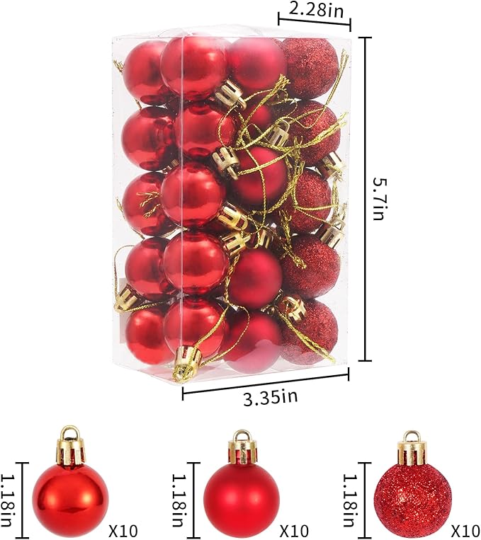 30ct Christmas Ball Ornaments, 1.18" Shatterproof Christmas Tree Decorations, Perfect Hanging Ball for Indoor/Outdoor Holiday Party Decor
