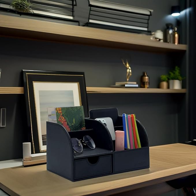 UnionBasic Desk Organizer - Multifunctional Leather Desktop Pen Holder Storage Box - Business Card/Pen/Pencil/Mobile Phone/Stationery Holder, Black