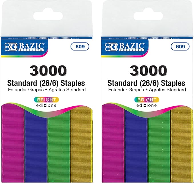 BAZIC Products Staples Standard (26/6) Metallic Color 3000/Pack, Stapler Refill Standard Size Staple, Assorted Colors, 2-Packs