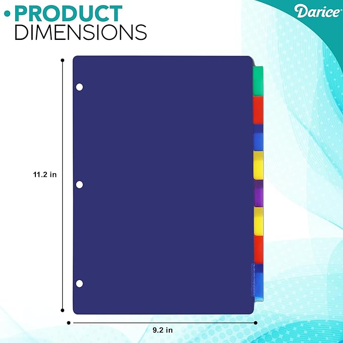 Darice 8-Tab Plastic Dividers 24 Pcs - Binder Dividers with Tabs - Multicolored Plastic Divider for 3 Ring Binder - File Organization – Ideal for Office, Back to School Supplies