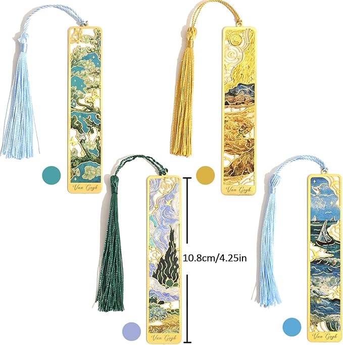 4 Pieces Metal Bookmarks with Tassel, Golden Hollow Bookmark Oil Painting Theme Book Mark Bookmarks for Book Lovers Writers Readers Children Teens for Women Adults Teen