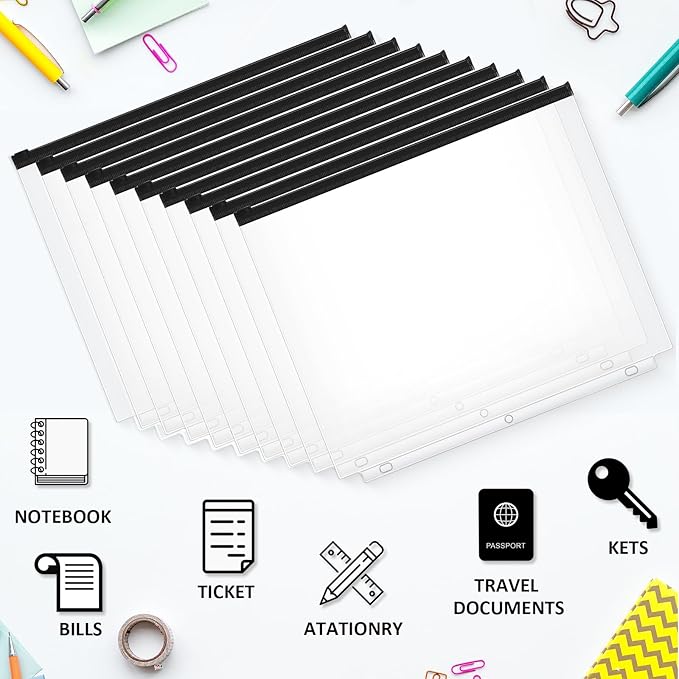 40 Pieces Binder Pockets 3 Hole Zipper Pouch 3 Ring A4 Pockets with Zipper Binder Folders Plastic Pouches Loose Leaf Bags Waterproof PVC Document Filing Bag(Black)