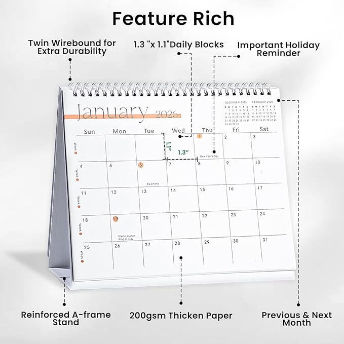 Desk Calendar 2025-2026,July 2025 to Dec 2026 18 Months Standing Flip Desk Calendar with Stickers,10" x 8" Desktop Calendar for Home Office School,White