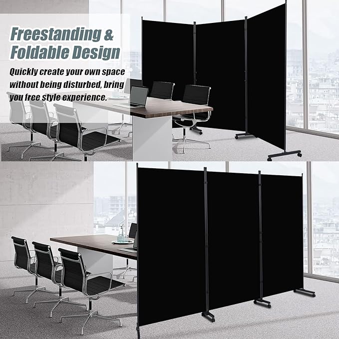 Room Divider Folding Privacy Screens with Wheels, 6FT Tall Divider for Room Separation, 3 Panel Movable Room Partitons and Dividers, Indoor Room Dividers Panel with Non-See Through Fabric for Office