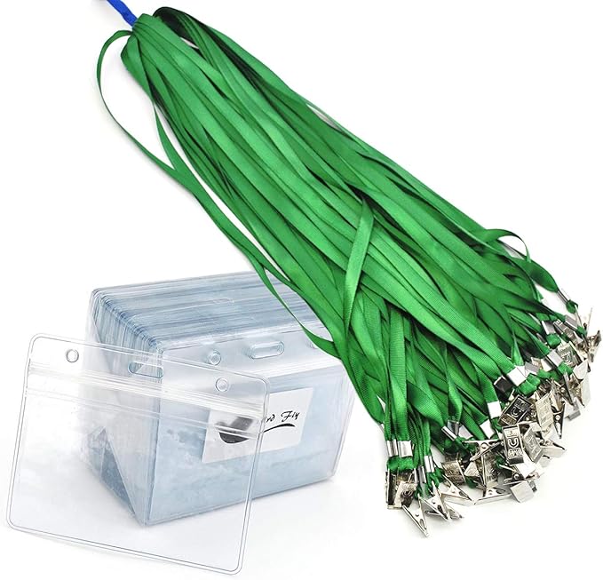 Bird Fiy Lanyards with id Holder Name Badges 50 Pcs Waterproof Type Clear Plastic Horizontal Name Tag Badge Id Card and 50 Pcs Lanyard (Green)