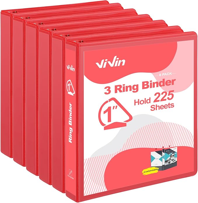 ViVin Sturdy 1 Inch D Ring Binders, 3 Ring Binders with 2 Pockets, Hold 225 Sheets of US Letter Size Paper for Office,Home,School, 6 Pack (Red)