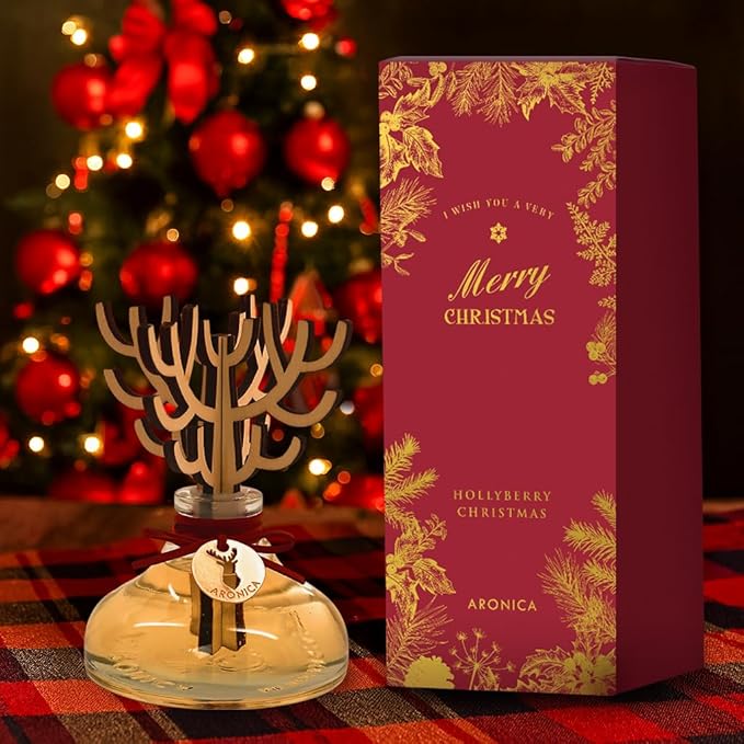 Aronica Christmas Tree Diffuser - Hollyberry Scent, Burgundy Christmas Decorations Red Reed Diffuser, Cinnamon Smell Decor Apartment, Navidad Winter Scented Aromas Home, White Elephant