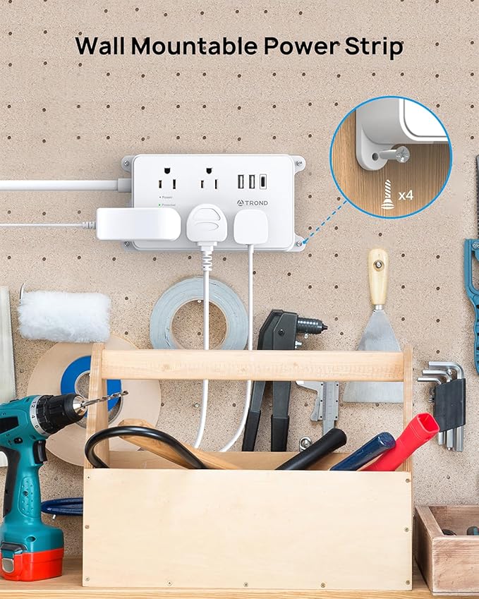 TROND Power Strip with USB, Surge Protector Flat Plug with 5 Widely-Spaced Outlets and 3 USB Ports, ETL Listed, 1300J, Wall Mountable, 5ft Extension Cord, for Office Kitchen, White