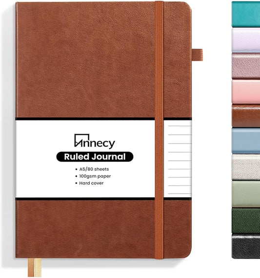 Annecy Lined Journal Notebook, Hardcover Leather Journal for Women & Men, 160 Numbered Pages, Medium 5.5" x 8.25", 100 GSM Thick Paper, Brown