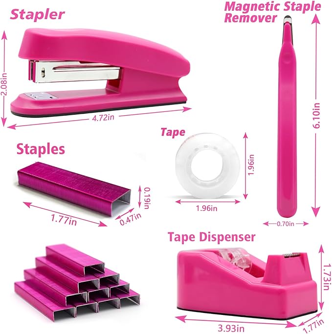 Hot Pink Desk Accessories Set - Stapler and Tape Dispenser Kit, Office Supplies Gift for Students, Women, Coworkers, Boss Lady, Office Clerks