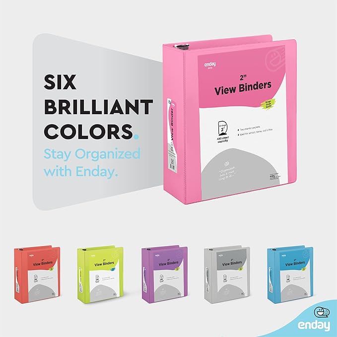 2 Inch 3 Ring Binder 2” Pink, Slant D-Ring 2 in Binder Clear View Cover with 2 Inside Pockets, Heavy Duty Colored School Supplies Office and Home Binders – by Enday