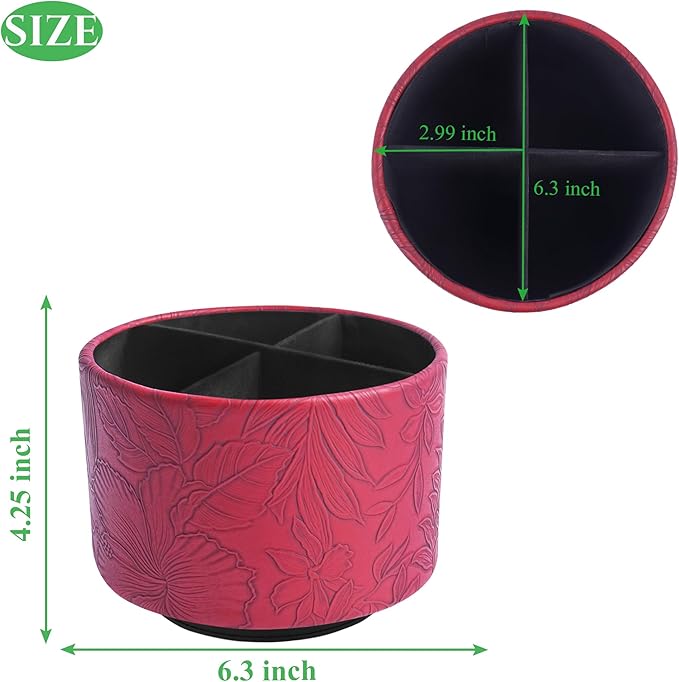 Hennaja Round Leather Art Supply Organizer,Remote Control Holder,360 Degree Spinning,Multi-Functional Pencil Holder,4 Compartments Desktop Stationary Organizer(1-Carved Red)