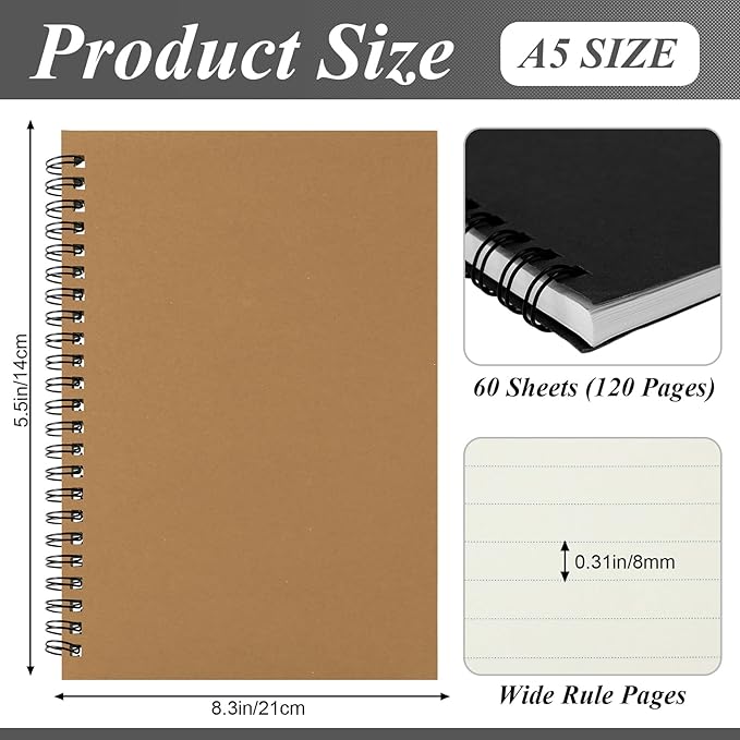 Leelosp 12 Pack Small Spiral Notebook A5 Lined College Ruled Spiral Journal Notebook 5.5 x 8.3 Inch Kraft Cover, 120 Pages for Work Students Office Business(Red, Green, Black, Blue, Brown, Gray)