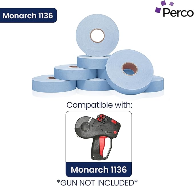 Perco Blue Pricing Labels for Monarch 1136 Price Gun - 8 Rolls, 14,000 Pricemarking Labels - with Bonus Ink Roll Included