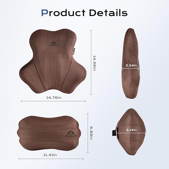 Coverado Car Lumbar Support Pillow and Car Neck Pillow Kit, Ergonomic Design Car Headrest Pillow for Driving, Relax Back Head Muscles Relieve Driving Fatigue, Breathable & Removable Cover, Coffee