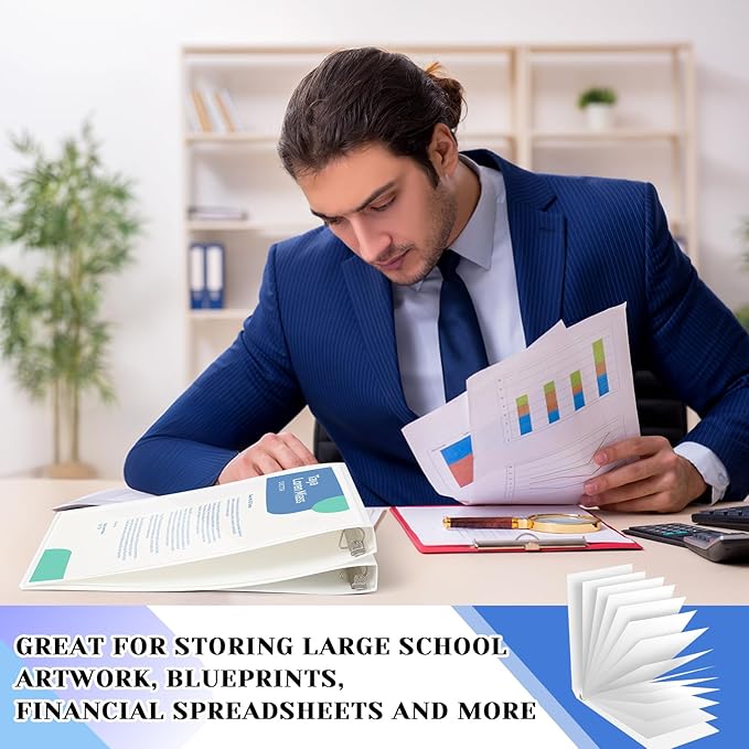 4 Pcs 11 x 17 Inch View Binders with Cover Pocket 2 Inch 3 Rings Heavy Duty View D Ring Binders Economy Holds 11" x 17" Paper for Artwork Blueprints, Office, Home, Work Places (White)