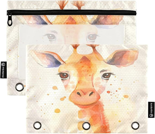 Giraffe Brown Pencil Pouch for 3 Ring Binder, 2 Pack Waterproof Pencil Bags Clear Window Zipper School Office Supplies