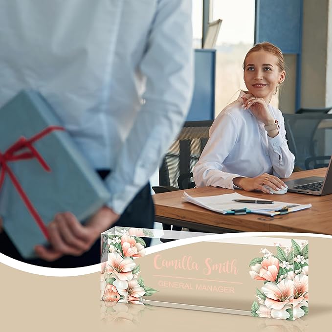 Ship Next Day Personalized Name Plate for Desk, Custom Acrylic Desk Name Sign, Office Appreciation Gifts for Women Men Coworkers Boss Teacher Employee (Flower-Lily)