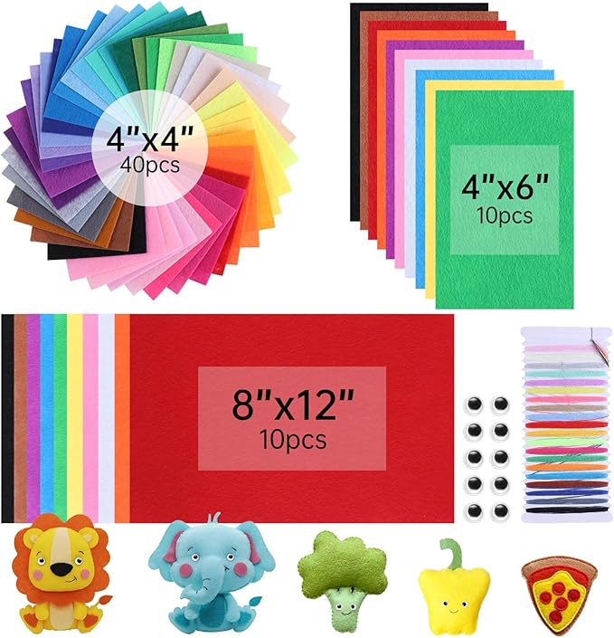 ABEJFIC 60PCS Felt Fabric Sheets Craft Kit - 4"x 4" + 4"x 6"+ 8"x 12" Assorted Colors - 1mm Thick Square Nonwoven Felt Fabric for Kids, DIY Sewing Crafts, Patchwork, School Projects, Decoration