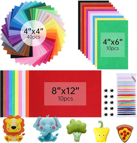 ABEJFIC 60PCS Felt Fabric Sheets Craft Kit - 4"x 4" + 4"x 6"+ 8"x 12" Assorted Colors - 1mm Thick Square Nonwoven Felt Fabric for Kids, DIY Sewing Crafts, Patchwork, School Projects, Decoration