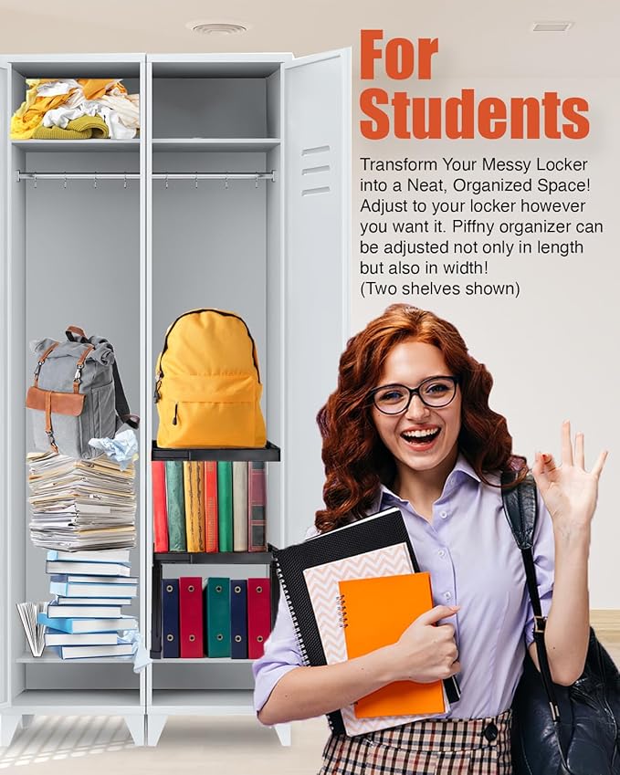 Locker Organizer Shelf， Adjustable Width and Height, Stackable, Ideal Locker Shelf for School, Office, Gym Lockers, or Even Kitchen Cabinets & Under Sink Organization (Black 1 Pack)