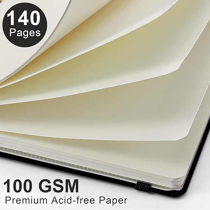 RETTACY Blank Journal Notebook, 140 Pages, A5 Medium Size (5.7'' x 8.3''), Hardcover, 100 GSM Thick Paper, for Sketching, Drawing, Painting (Black)