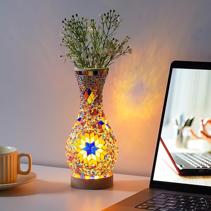 Mosaic Vase Lamp, Turkish Moroccan Table Lamp，Colorful Handmade Glass Vase with Wood Base for Flowers, USB Charge Decor Light for Bedroom Ambient Living Room Farmhouse