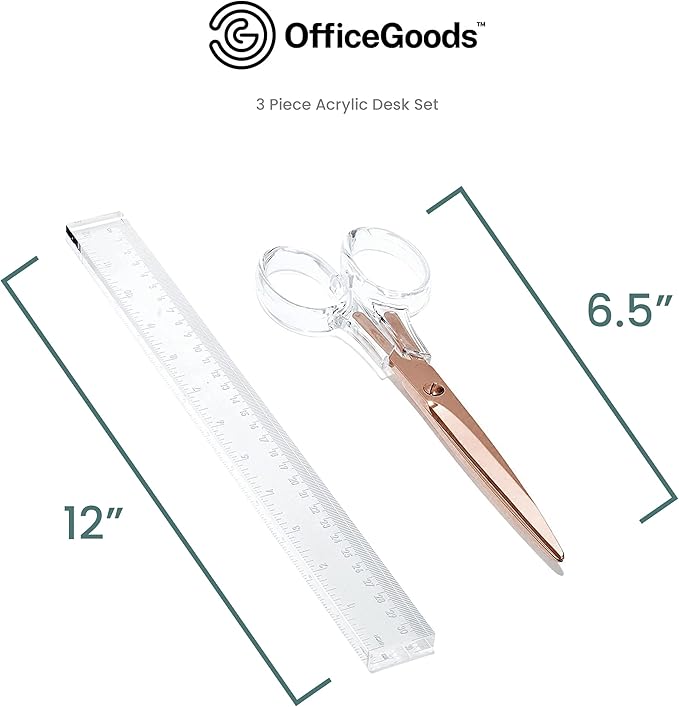OfficeGoods 3 Piece Acrylic Desk Set - Includes Ruler, Staple Remover, Scissors - Functional & Elegant Desk Accessories - Stationery Tools for Home, Office, and School - Clear with Rose Gold Metal