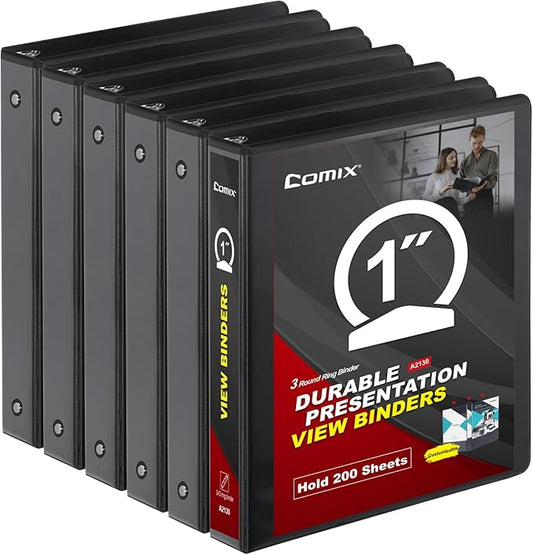 COMIX Sturdy 3 Ring Binder 1 inch with Clear View Cover, 1" Round Ring View Binder, PVC-Free, 200 Sheets Capacity of US Letter Size Paper, Office ＆ School Supplies, 6 Pack (Black)