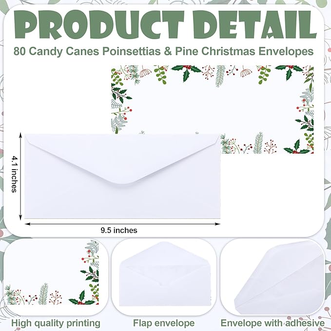 80 Sets Christmas Stationery Paper with Envelopes Christmas Holiday Paper Christmas Envelopes for Christmas Holiday Events Notes Invitation Office(Merry Branch and Holly)