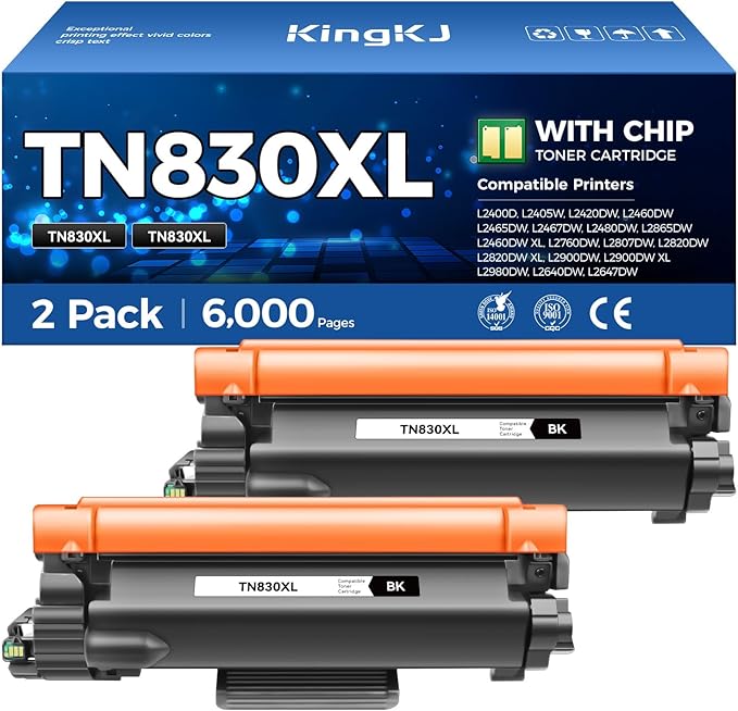TN830XL Toner Cartridge Black 2-Pack High Yield Replacement for Brother TN830XL TN830 XL Compatible for HL-L2460DW HL-L2405W HL-L2480DW MFC-L2820DW DCP-L2640DW MFC-L2900DW HL-L2400D Laser Printer Ink