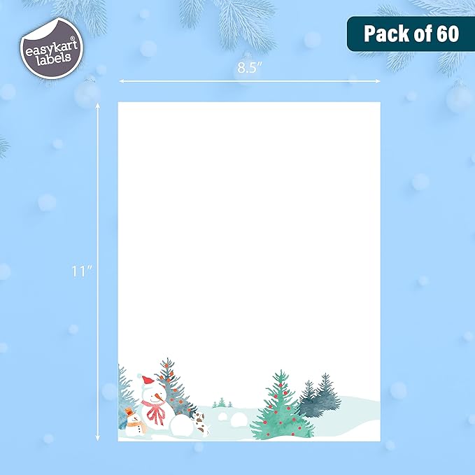 easykart labels Christmas Stationery Paper Letterhead Sheets 60 Pack Holiday Xmas Theme Design For Writing Letters Computer Office Notes & Printing Supplies Size 8.5" X 11"