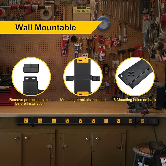 SURAIELEC 10 Outlet Long Power Strip Surge Protector, Industrial Heavy Duty Metal Shop Power Strip with Flat Plug, 1000 Joules, 15 AMP Breaker, 6FT Cord, Wall Mountable, for Work Bench, Shop, Garage