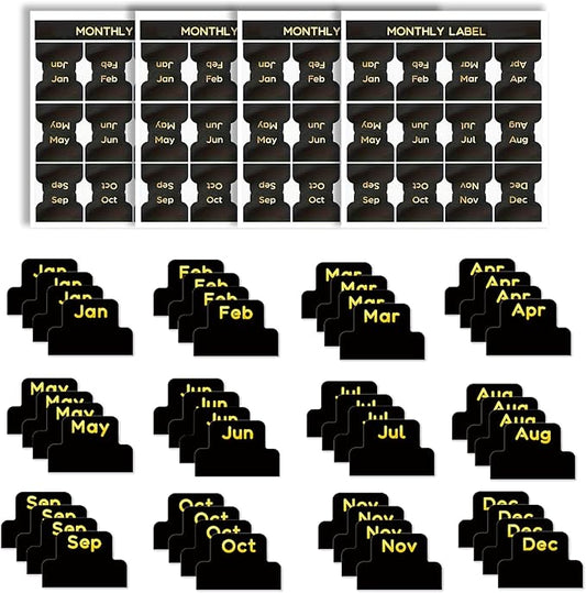 48PCS Adhesive Monthly Tabs for Planner, Black Monthly Index Stickers, Decorative Calendar Label Stickers for Office School Planner Journal Scrapbook Notebook School Accessories