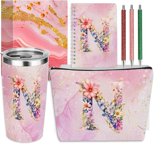 Personalized Gifts Monogrammed Birthday Gifts for Women, Colleague, Female Farewell Christmas, Initial 20 oz Tumbler, Makeup Cosmetic Bag Cup Pens Journal Notebook 6 Set, (Aesthetic Pink Flower N)