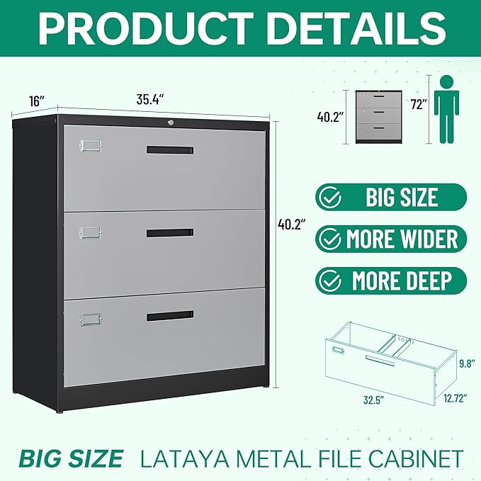 Letaya File Cabinet with Lock-Lateral 3 Drawer Metal Filing Cabinets-Organization Storage for Home Office-Hanging Letter/Legal/F4/A4 Size (Grey Black)