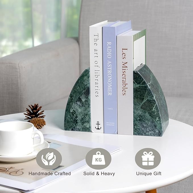 Koville Marble Bookends for Shelves, 8Lbs Large Stone Bookends for Heavy Books, Non-Slip Heavy Duty Book Stopper, Modern Decorative Book Ends for Bookshelf Table Home Decor(Green)
