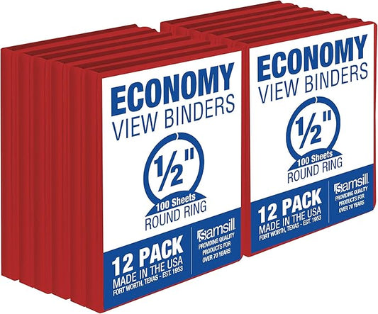 Samsill 0.5 Inch 3 Ring Binders, Made in USA, Economy Round Ring, Clear View Cover, 100 Sheet Capacity - for School, Home, Office - Red, 12 Pack