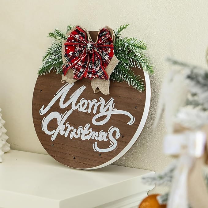 HOMCDALY Merry Christmas Sign for Front Door, Wooden Hanging Sign Door Decoration with 12 LED Light, Winter Welcome Wreath indoor outdoor Décor, Christmas Decoration.