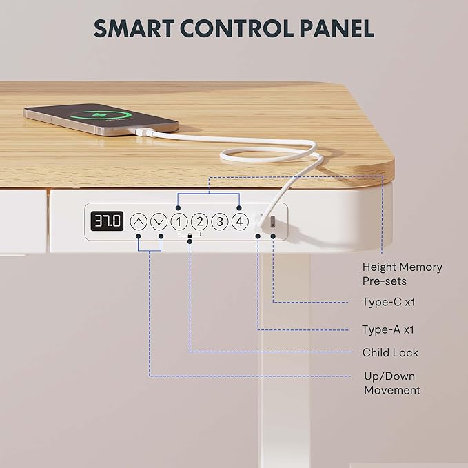 FLEXISPOT Comhar Electric Standing Desk with Drawer Desktop & Adjustable Frame w/USB Charge Ports (Bamboo-Look Laminate/White, Wood)
