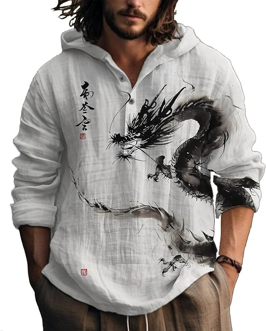 MARSVOVO Hooded Long Sleeve Shirt Men Fashion Graphic Button Up Lightweight Big and Tall Casual Vacation Shirts for Men